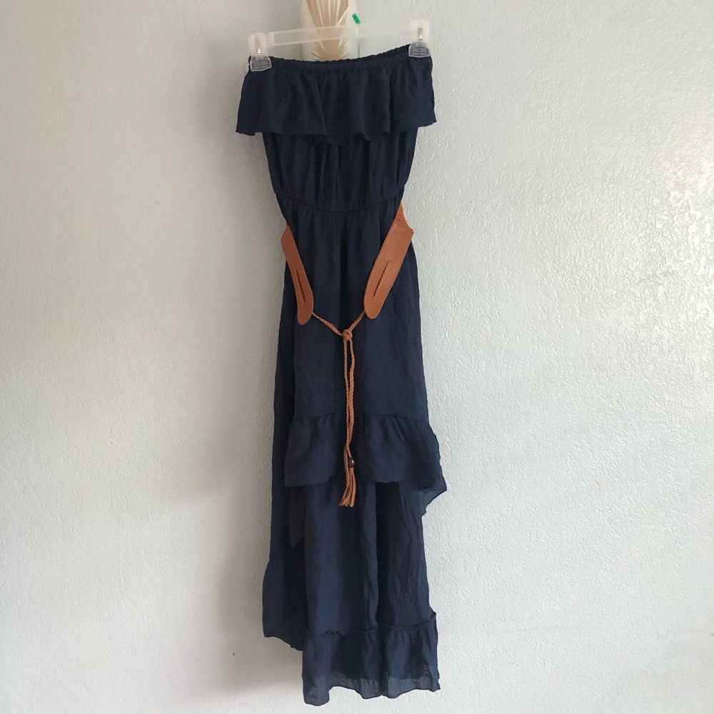 Navy strapless, high-low belted midi dress